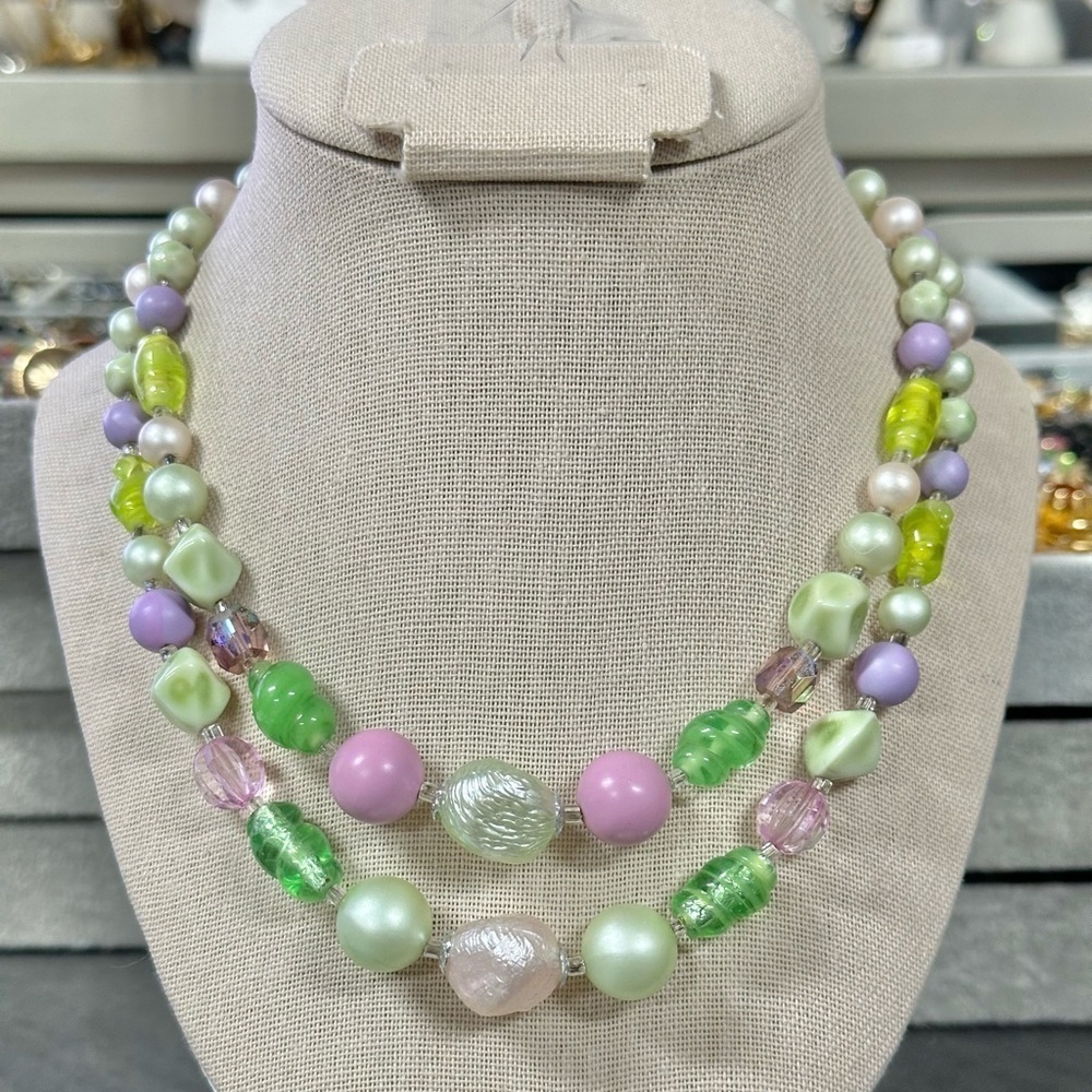 Vintage Glass/Acrylic Two Strand Necklace Pastel Color Beaded Spring Easter